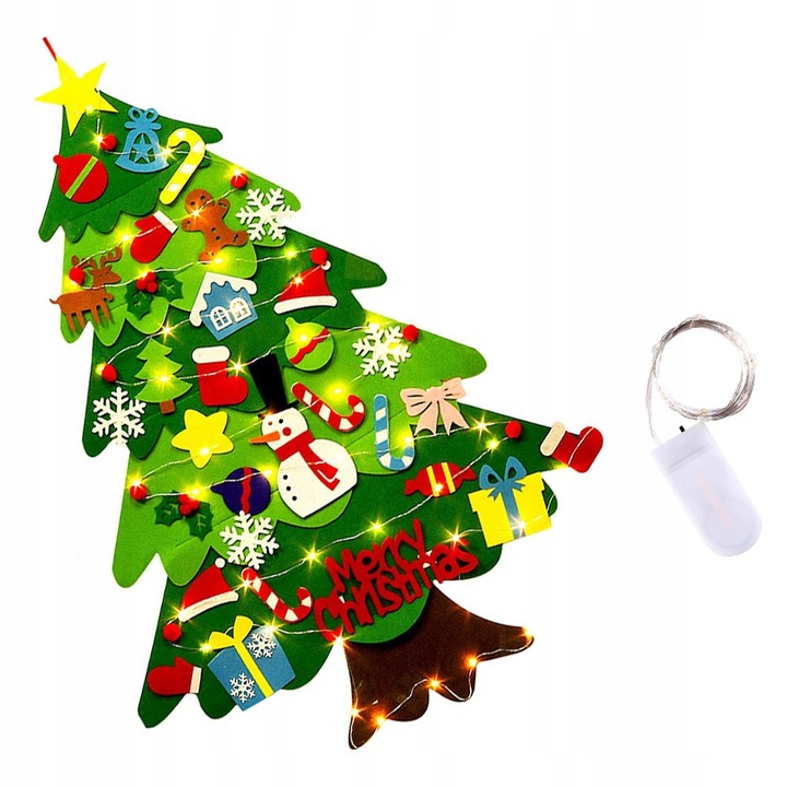 Choinka z Filcu Dla Dzieci Do Dekoracji Zdejmowane Ozdoby Lampki Światełka