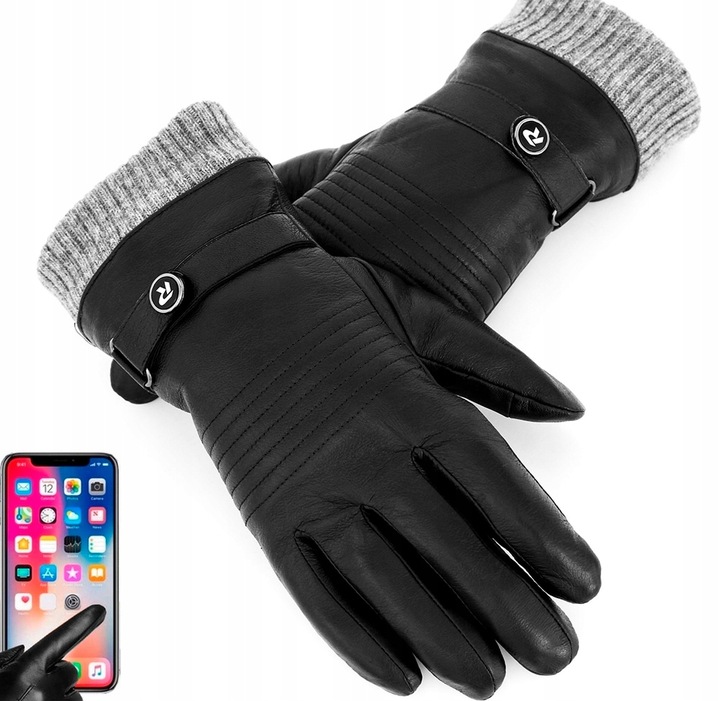 RĘKAWICZKI REVERSE SKORZANE MĘSKIE CZARNE ZE ŚCIĄGACZEM SKÓRA NAT.