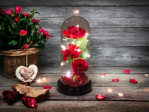 WIECZNA RÓŻA W SZKLE W KOPULE ŚWIECĄCA NA WALENTYNKI LED PREZENT PUDEŁKO