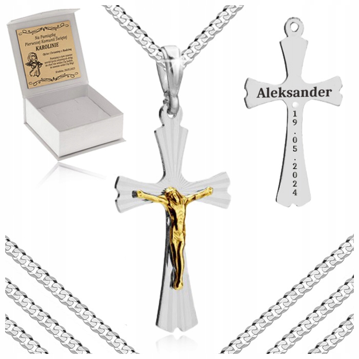SREBRNY ŁAŃCUSZEK NA KOMUNIĘ CHRZEST DLA CHŁOPCA SREBRO 925 + GRAWER GRATIS