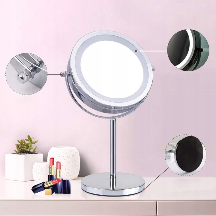 LUSTERKO KOSMETYCZNE DWUSTRONNE 13 cm PODŚWIETLANE LED LUSTRO STOJĄCE