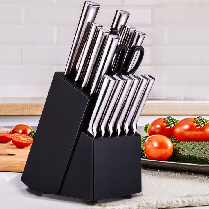 ZESTAW KOMPLET 16 NOŻY KUCHENNYCH STALOWYCH OSTRE W BLOKU STOJAK +