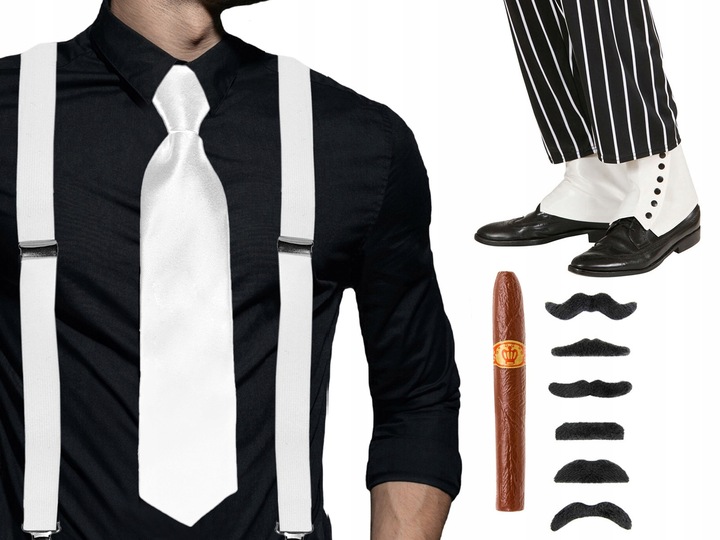 Zestaw gangstera retro lata 20 krawat szelki cygaro nakładki na buty