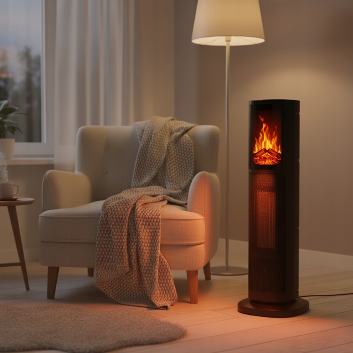 KOMINEK ELEKTRYCZNY KOLUMNOWY TERMOWENTYLATOR 2000W EFEKT PŁOMIENIA