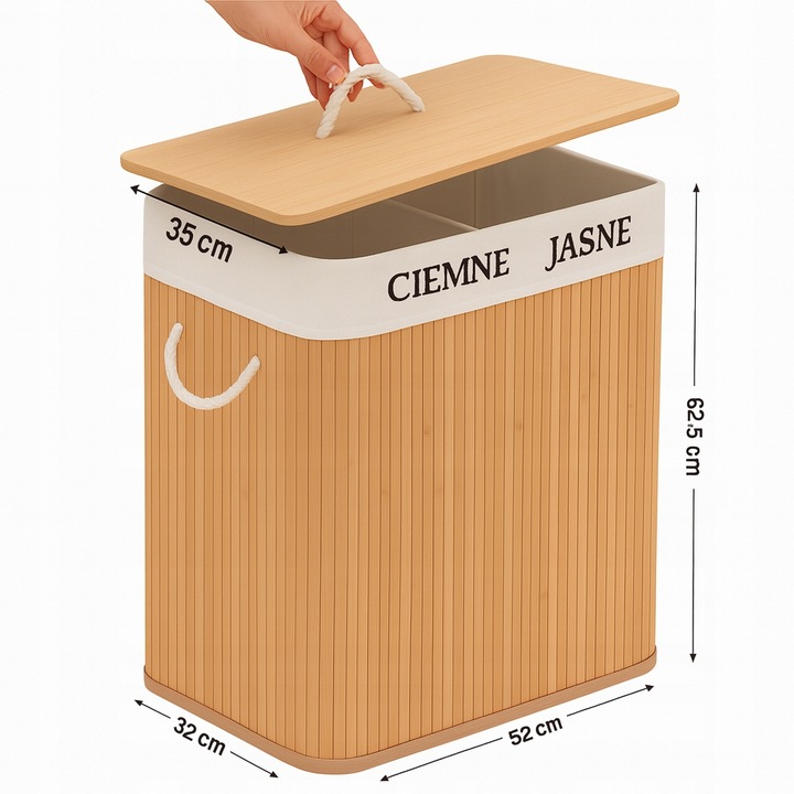KOSZ BAMBUSOWY NA PRANIE BIELIZNĘ ZAMYKANY DWUKOMOROWY POJEMNIK WĄSKI 100L