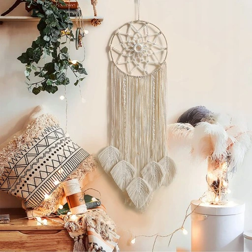 MAKRAMA NA ŚCIANĘ BOHO ŁAPACZ SNÓW OZDOBA ŚCIENNA ZE SZNURKA LIŚCIE OZDOBNE