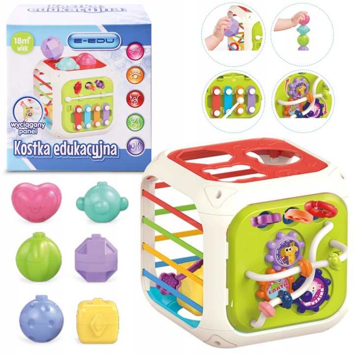 INTERAKTYWNA KOSTKA EDUKACYJNA DLA NIEMOWLĄT SORTER KLOCKI CYMBAŁKI 7w1 PL
