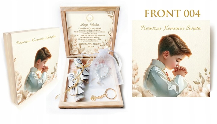 Pamiątka Komunii Świętej PREZENT Na Komunię Różaniec Brelok Pudełko