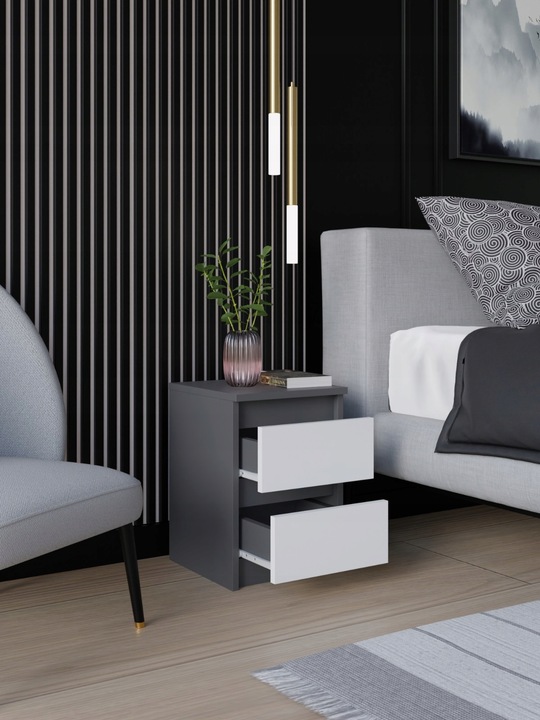 SZAFKA NOCNA ANTRACYT BIAŁA STOLIK NOCNY DWIE SZUFLADY 30cm SYPIALNIA SALON