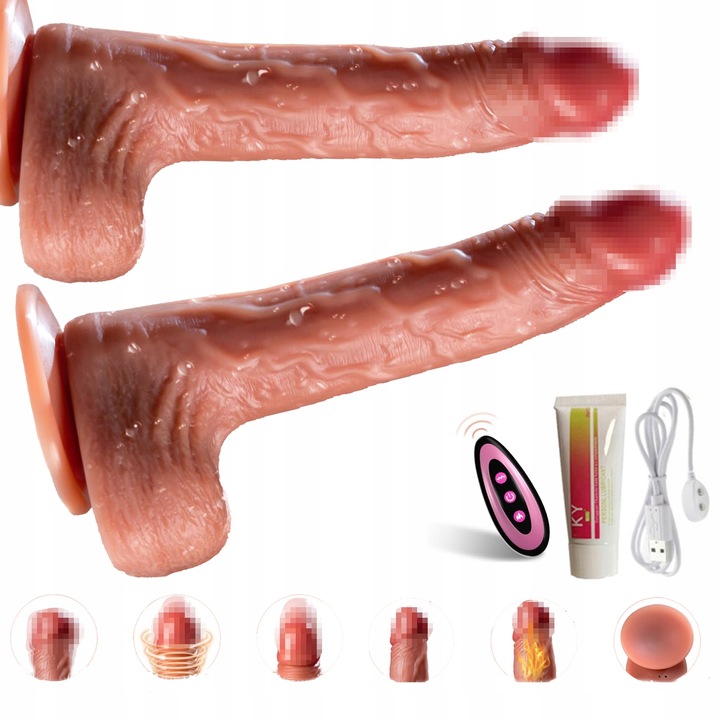 Dildo masturbator z teleskopowym i obrotowym i podgrzewanym wibratorem