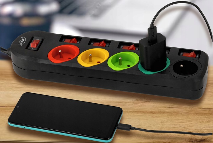 Przedłużacz Listwa Zasilająca Sieciowa 5 Gniazd 230V 3M kolorowy on/of