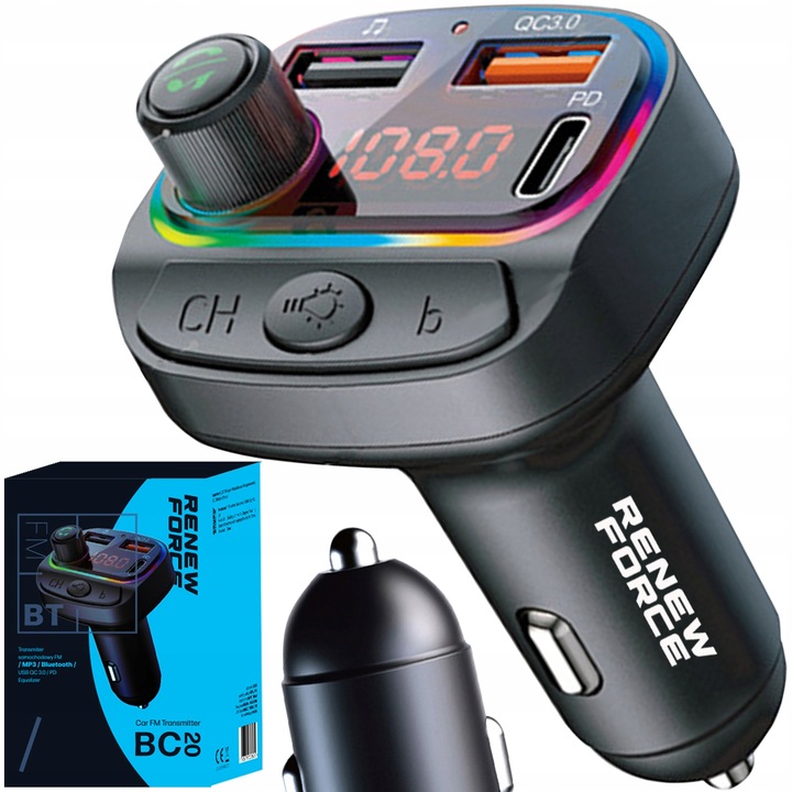 Transmiter bluetooth FM samochodowy SZYBKA ładowarka PD 24W QC3.0 USB-C RGB