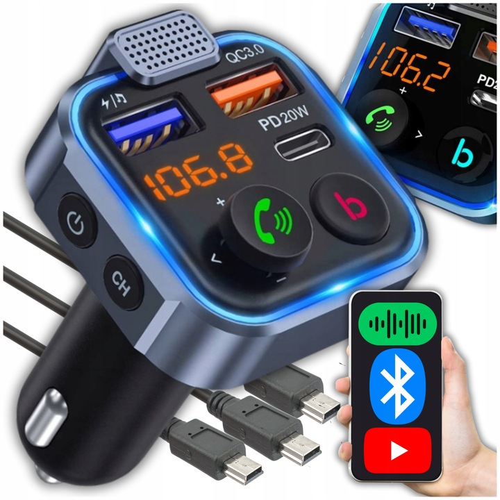 TRANSMITER BLUETOOTH AUDIO ŁADOWARKA 2x USB A + 1x USB-C PD QC 20W 12V