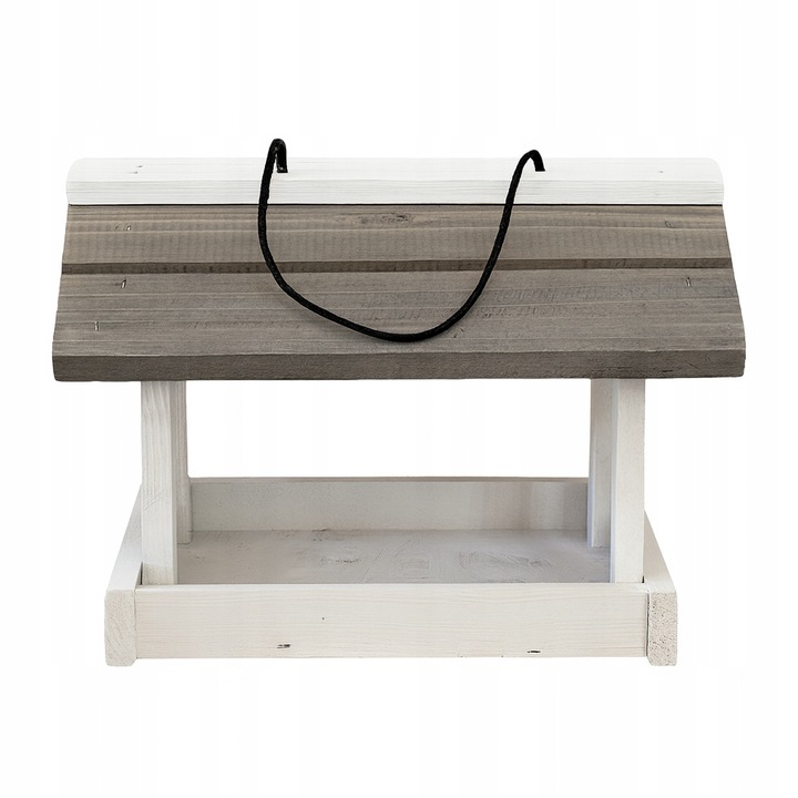 Karmnik dla ptaków drewniany domek budka z drewna biało szary Karma