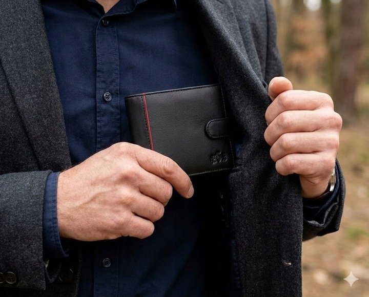 Portfel męski skórzany czarny poziomy skóra naturalna ochrona RFID