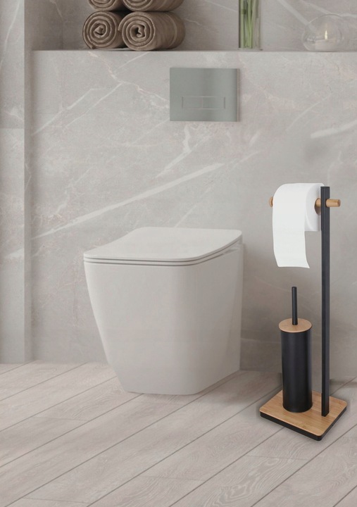Stojak uchwyt wieszak na papier toaletowy i szczotkę do WC czarny bambus