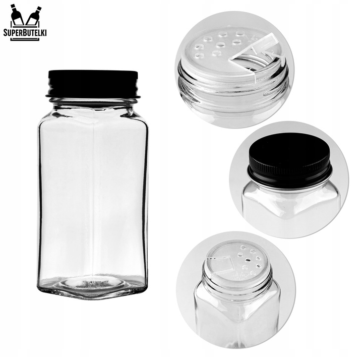 12x SZKLANE POJEMNIKI na PRZYPRAWY SŁOICZKI 120 ML PROSTOKĄTNE z SITKIEM