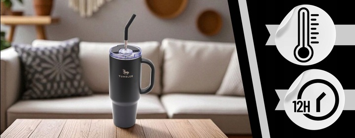 DUŻY Kubek Termiczny ze STALOWĄ SŁOMKĄ do Auta na Kawę Herbatę Zimne Napoje