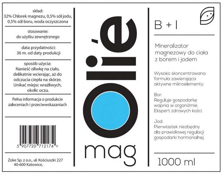 Olejek magnezowy 32% MgCl2.Z borem i jodem 1000 ml