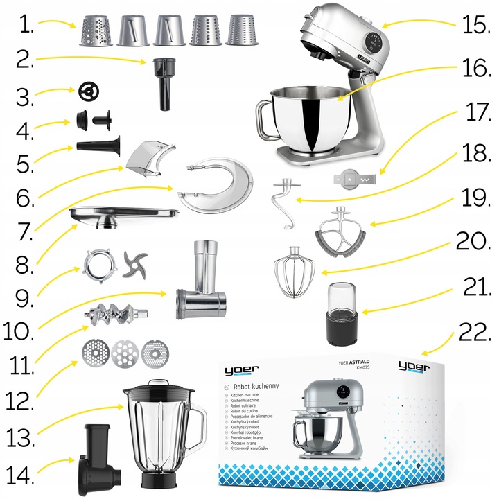 Robot kuchenny Planetarny Yoer Wielofunkcyjny 2200W misa 5,5L +39