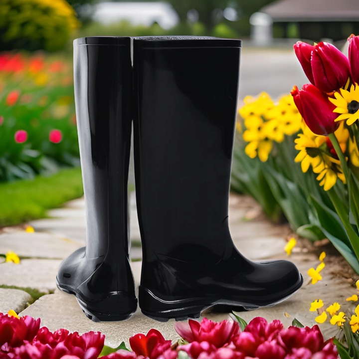 Kalosze Damskie Gumowce Lekkie CZARNE Wygodne Wysokie Gumiaki Eleganckie