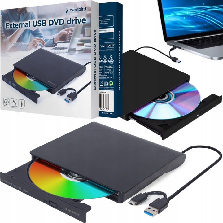 Napęd zewnętrzny DVD nagrywarka DVD Gembird Kabel USB 3.1 Kabel USB C