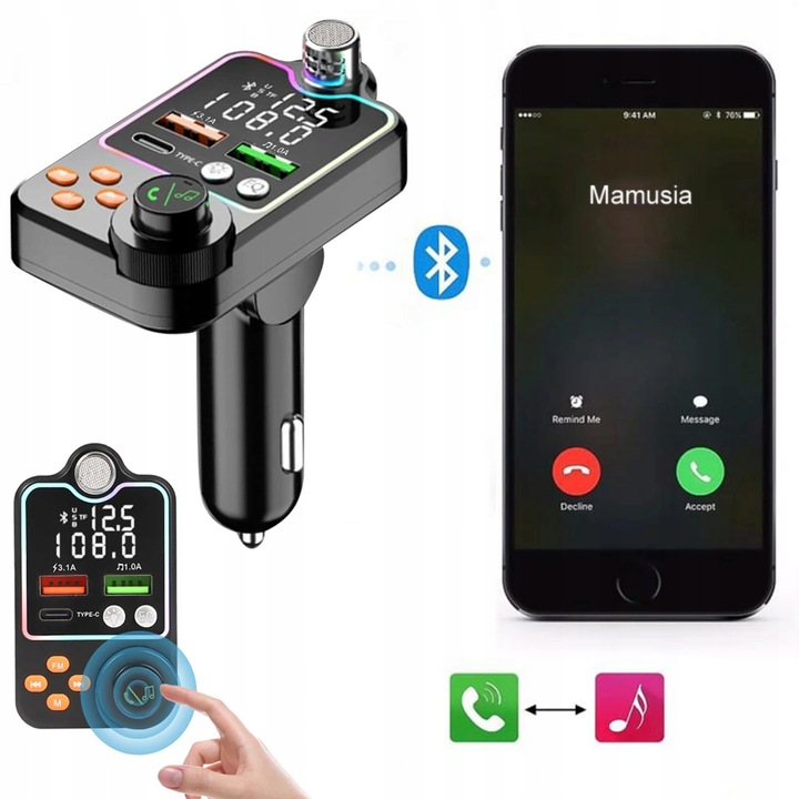 TRANSMITER BLUETOOTH SAMOCHODOWY BT 5.0 ŁADOWANIE QC 3x USB RGB AUDIO