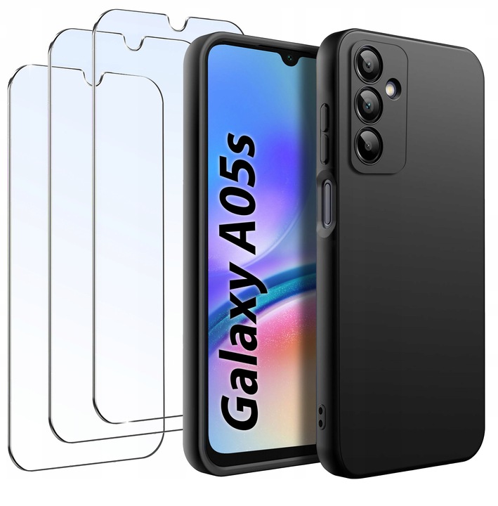 ZESTAW Etui do Samsung A05s Matowe Czarne Silikon Slim + 3 SZTUKI SZKŁO