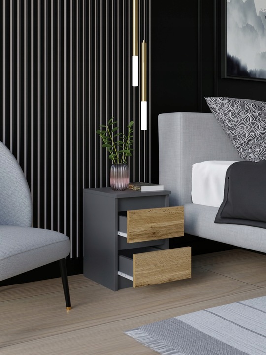 SZAFKA NOCNA ANTRACYT WOTAN STOLIK NOCNY DWIE SZUFLADY 30cm SYPIALNIA