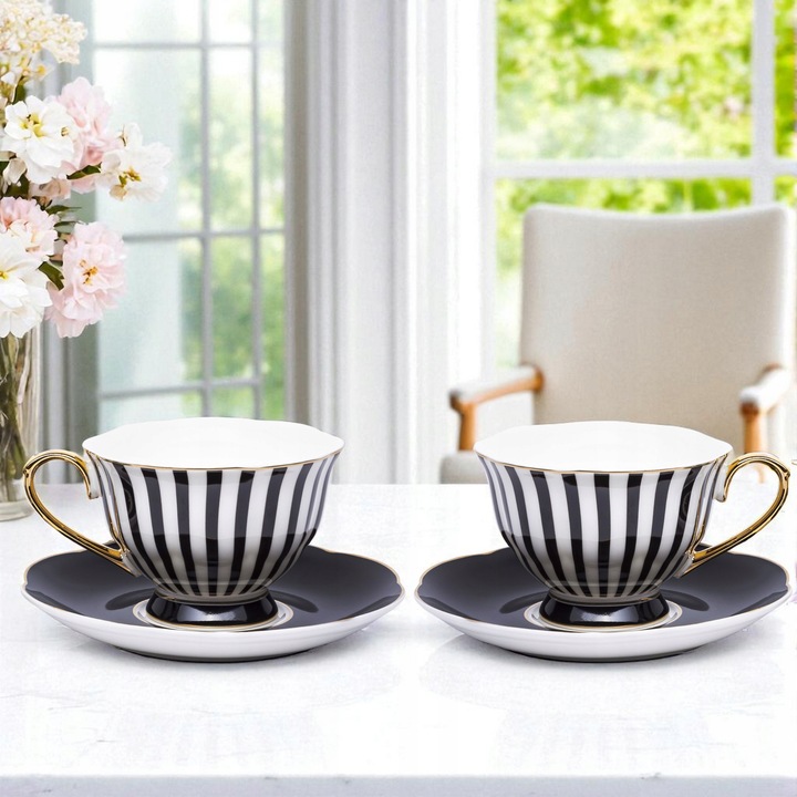 Komplet filiżanek porcelanowych 220 ml 2szt. biało-czarne złote zestaw