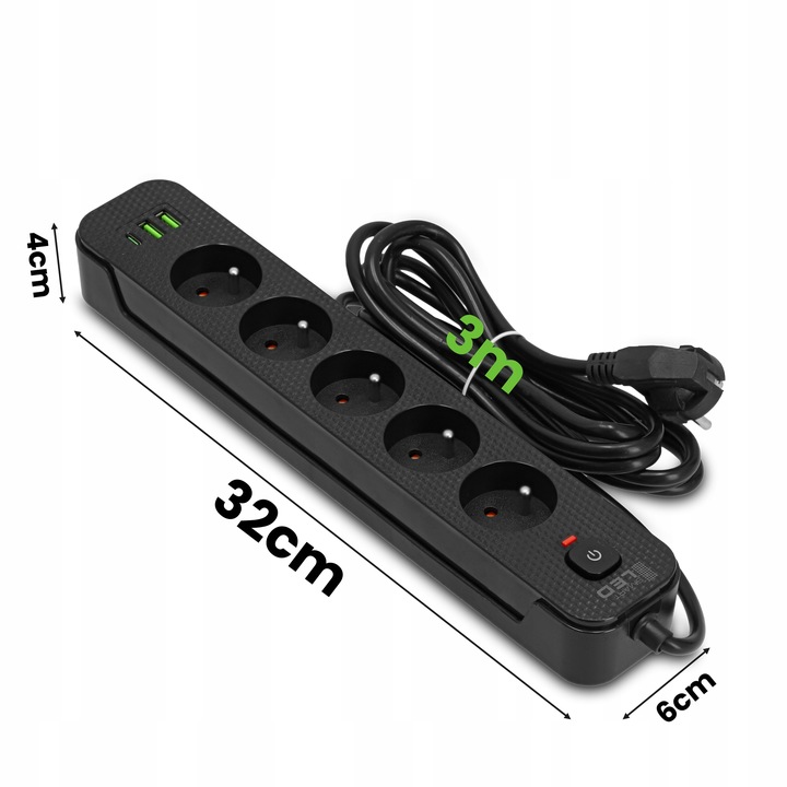 Przedłużacz Listwa Zasilająca Siec 3M 5 Gniazd 230V + 3X USB Ładowarka