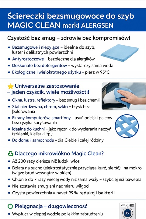 Magic Clean Ściereczki Bezsmugowe do Szyb, Luster, Szkła Czystość Bez Smug