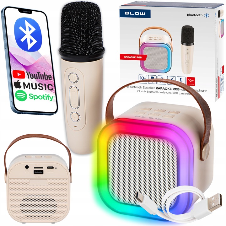 GŁOŚNIK BLUETOOTH BLOW PRZENOŚNY KARAOKE RGB MIKROFON USB SD MINI JACK
