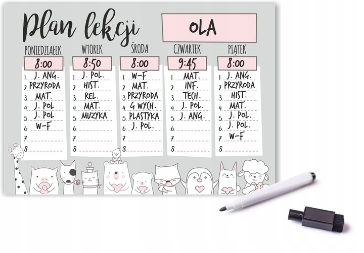 magnetyczny plan lekcji suchościeralny + pisak
