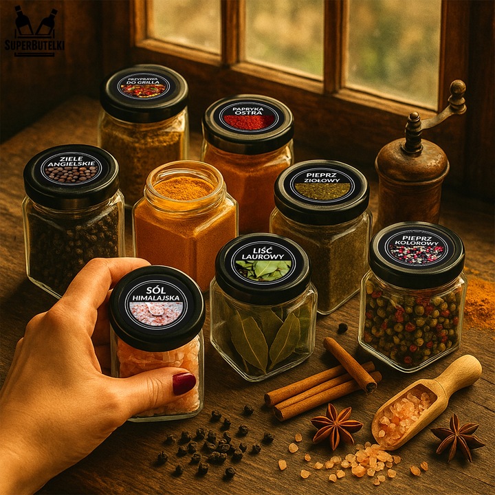 24x słoiczki 120 ml na przyprawy + NABIERAK + 200x etykiety PRZYPRAWNIK