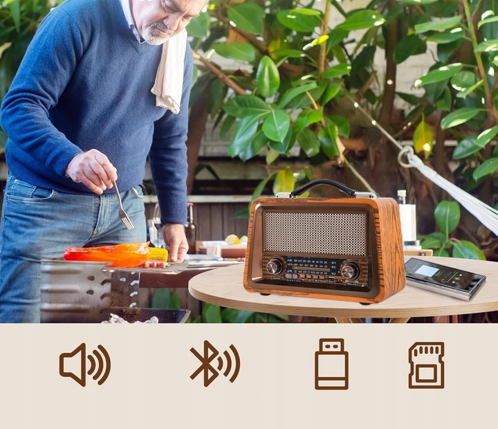 RETRO RADIO SIECIOWO BATRYJNE PRZENOŚNE BLUETOOTH AKUMULATOROWE FM AM
