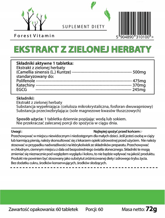 ZIELONA HERBATA 95% MOCNA 500mg GREEN TEA 60 TAB