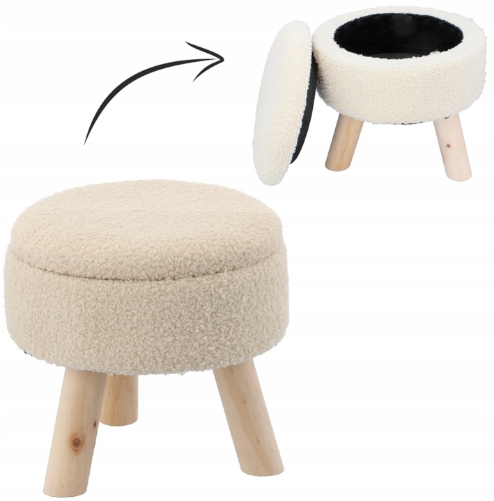 PUFA PUF OKRĄGŁA NA DREWNIANYCH NÓŻKACH ZE SCHOWKIEM DO SALONU BEŻOWA