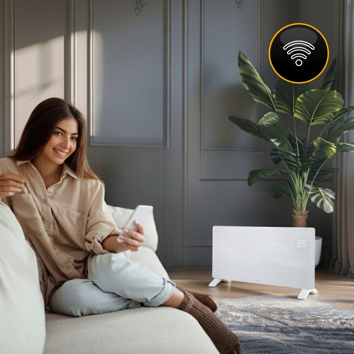 Grzejnik elektryczny szklany konwektorowy Glow 2500W LED WiFi Tuya biały