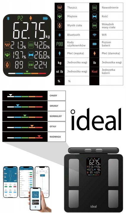 WAGA ŁAZIENKOWA BLUETOOTH ANALITYCZNA INTELIGENTNA Apple Health Google