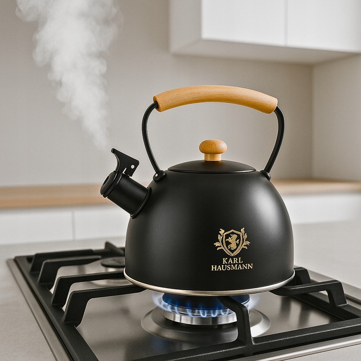 CZAJNIK STALOWY na GAZ 2,5L CZARNY z GWIZDKIEM +DREWNIANA RĄCZKA