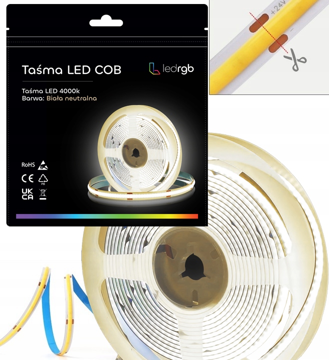 Taśma LED Neon COB 24V rolka 10m 480/m 4000K BIAŁA NEUTRALNA 10Wm 8MM