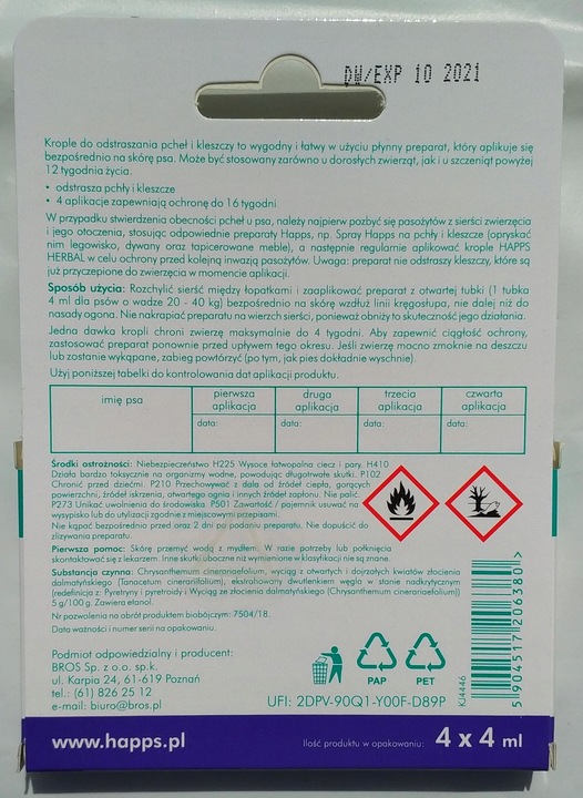 Krople na pchły i kleszcze dla dużego psa HAPPS HERBAL pieska 20 - 40