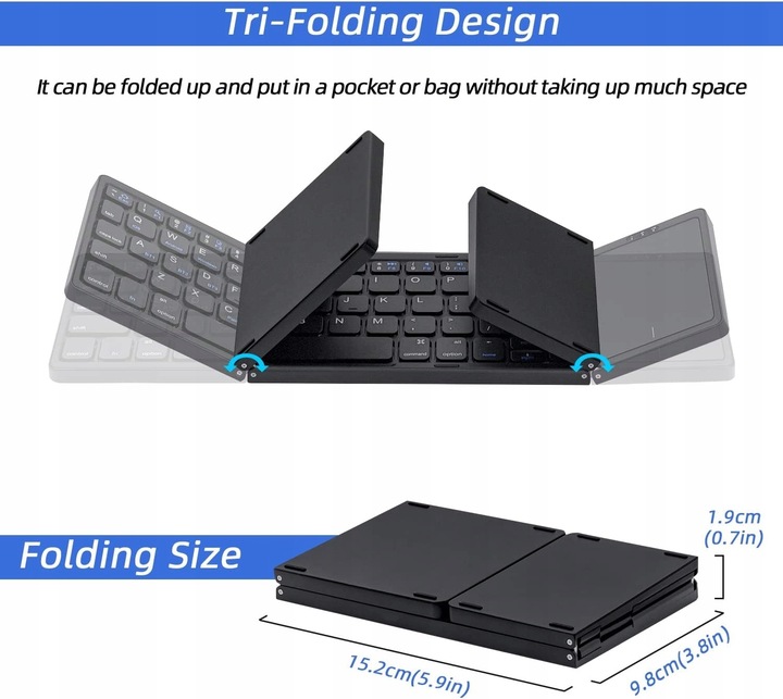 Wysokiej klasy, ultraprzenośna, składana klawiatura Bluetooth z touchpadem