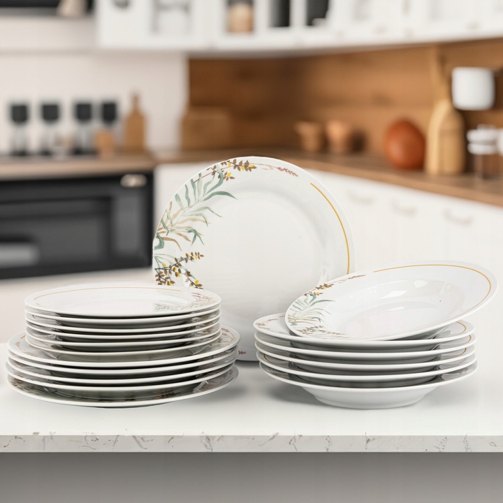 SERWIS OBIADOWY PORCELANOWY ZESTAW TALERZY BIAŁY NA 6 OSÓB WZÓR TRAWA