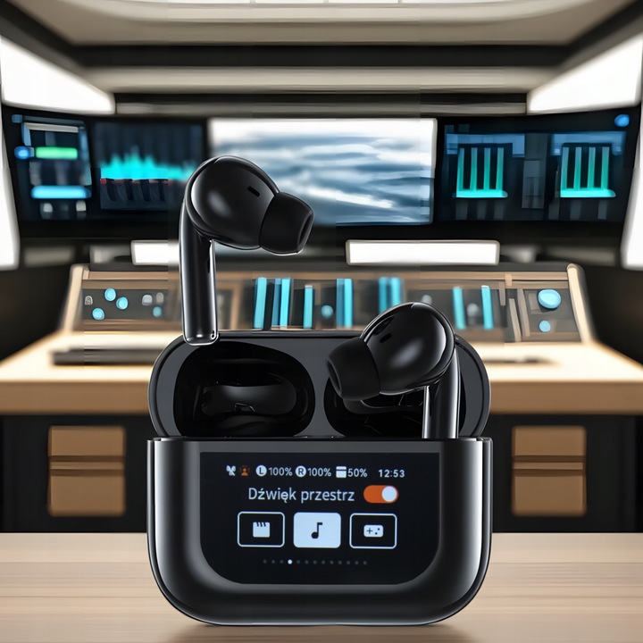 Słuchawki Bezprzewodowe Douszne PRO Lekkie ANC Mikrofon Czarne Wyświetlacz