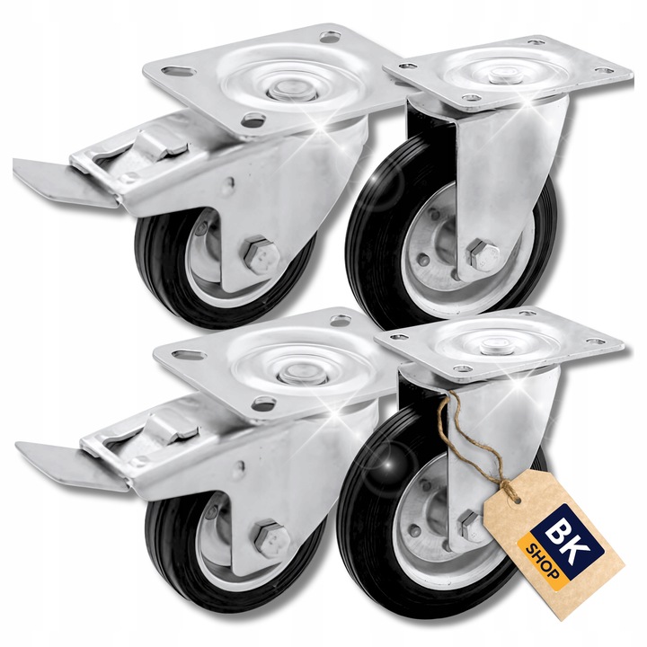 ZESTAW JEZDNY KÓŁ KÓŁEK KOŁA GUMOWE 4 szt 75 mm 160 kg Z HAMULCEM