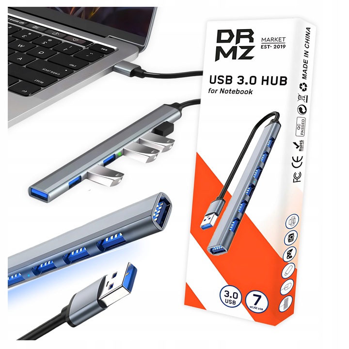 HUB USB 3.0 ROZDZIELACZ ROZGAŁĘŹNIK 7 PORTÓW 7X USB SLIM 7W1 AKTYWNY DRMZ