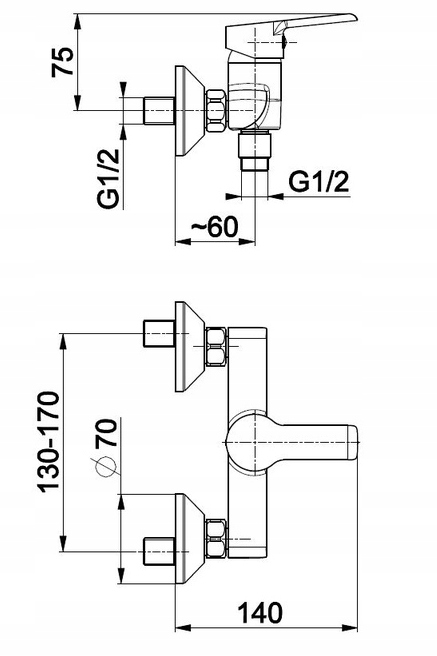 BATERIA NATRYSKOWA PRYSZNICOWA ŚCIENNA CHROM POŁYSK KFA ARMATURA KRAKÓW