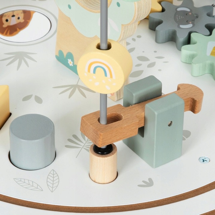 Drewniany okrągły stolik edukacyjny z magnetyczną kolejką i wyrzutnią